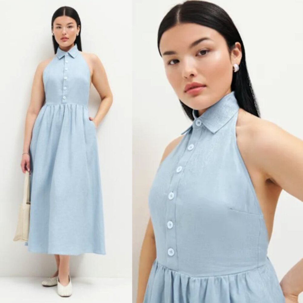 Reformation Tace Solid Light Blue 100% Linen Dress
